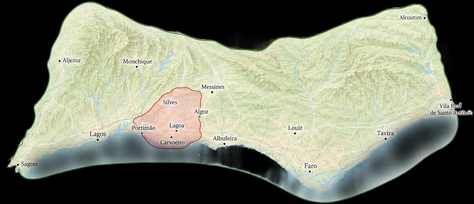 Mapa de cobertura no Algarve: zona central a vermelho para jardinagem e paisagismo Agostinho Gardens; faixa costeira a verde para desentupimentos de esgotos